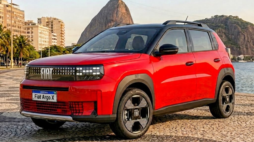 Projeção dianteira do novo Fiat Argo X 2027 na cor vermelha estacionado na praia de Copacabana, destacando o design crossover e a dianteira inspirada no Panda europeu.